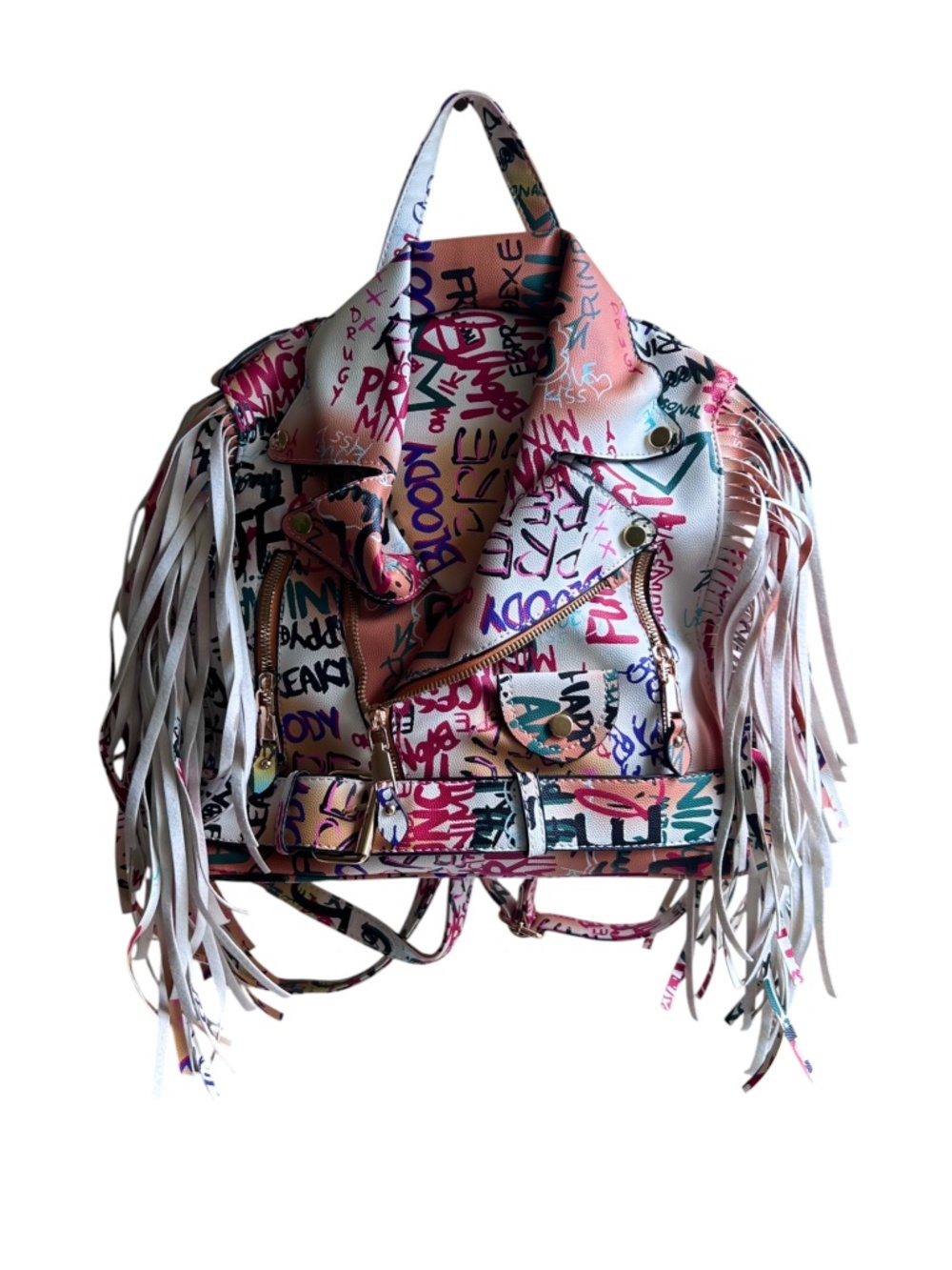 Graffiti Print Moto Motorcycle Jacket Backpack Fringe